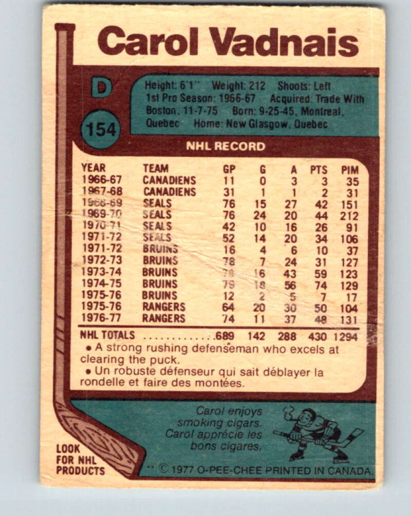 1977-78 O-Pee-Chee #154 Carol Vadnais New York Rangers V13985