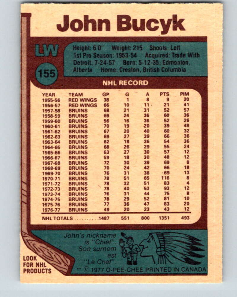 1977-78 O-Pee-Chee #155 Johnny Bucyk Boston Bruins V13990