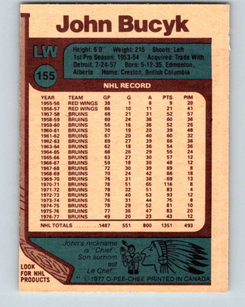 1977-78 O-Pee-Chee #155 Johnny Bucyk Boston Bruins V13991