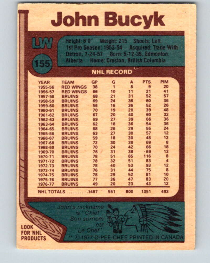 1977-78 O-Pee-Chee #155 Johnny Bucyk Boston Bruins V13992