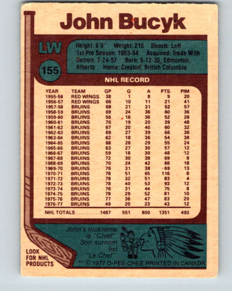 1977-78 O-Pee-Chee #155 Johnny Bucyk Boston Bruins V13993