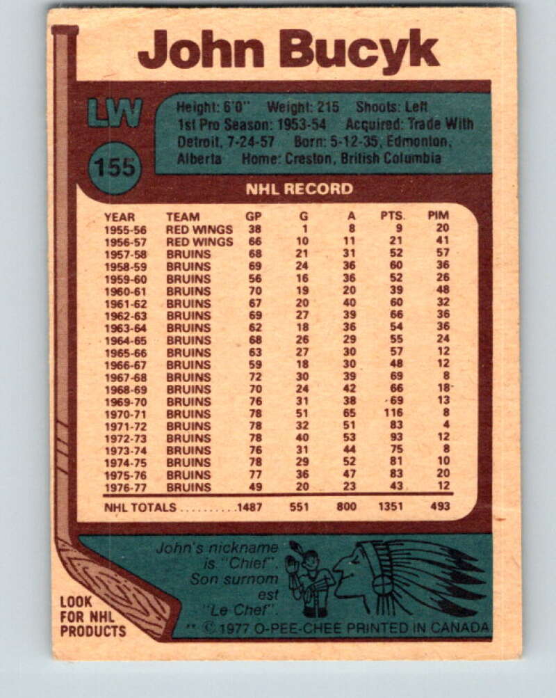 1977-78 O-Pee-Chee #155 Johnny Bucyk Boston Bruins V13994