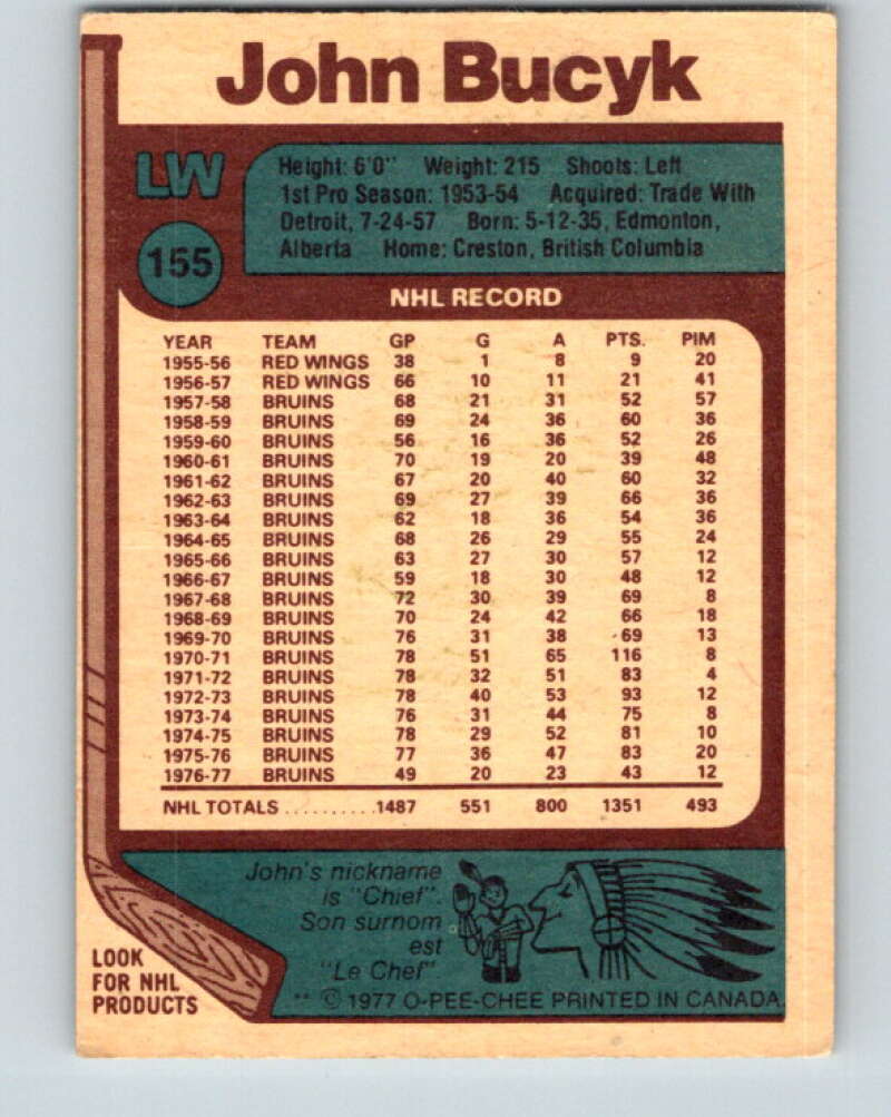 1977-78 O-Pee-Chee #155 Johnny Bucyk Boston Bruins V13995