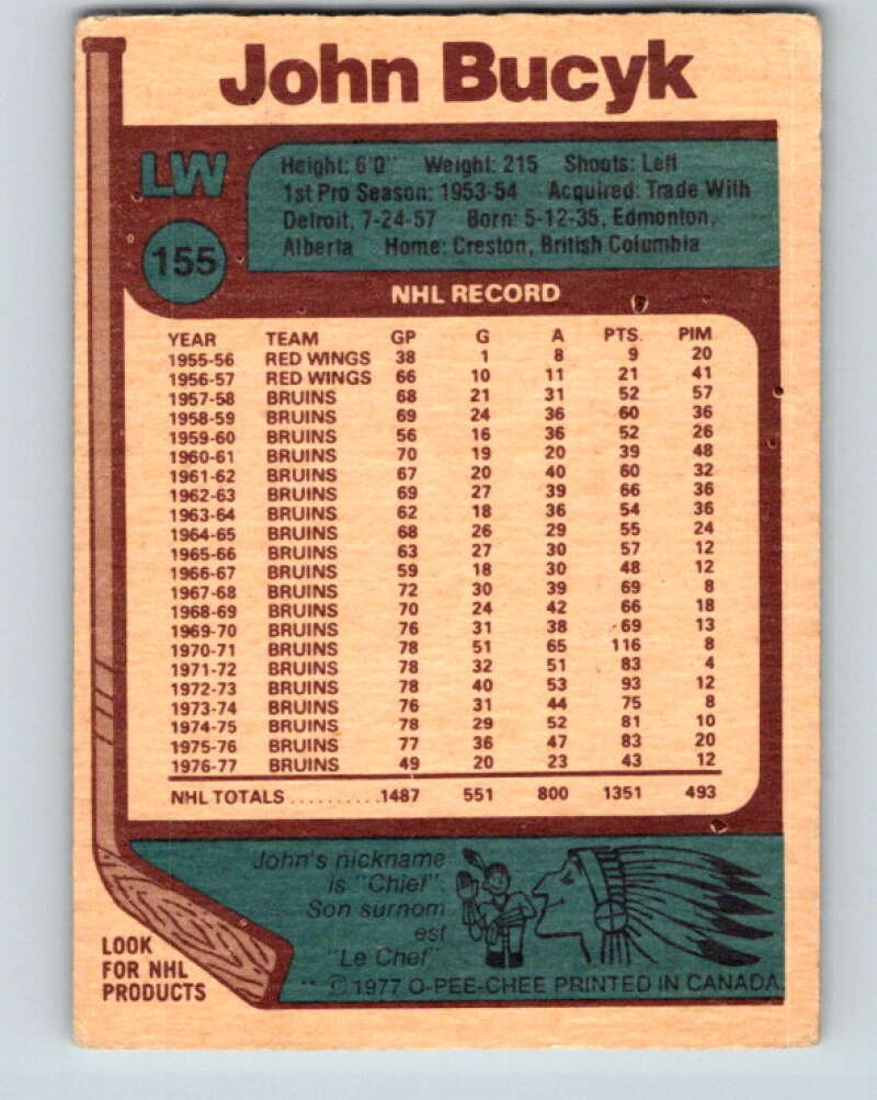 1977-78 O-Pee-Chee #155 Johnny Bucyk Boston Bruins V13996