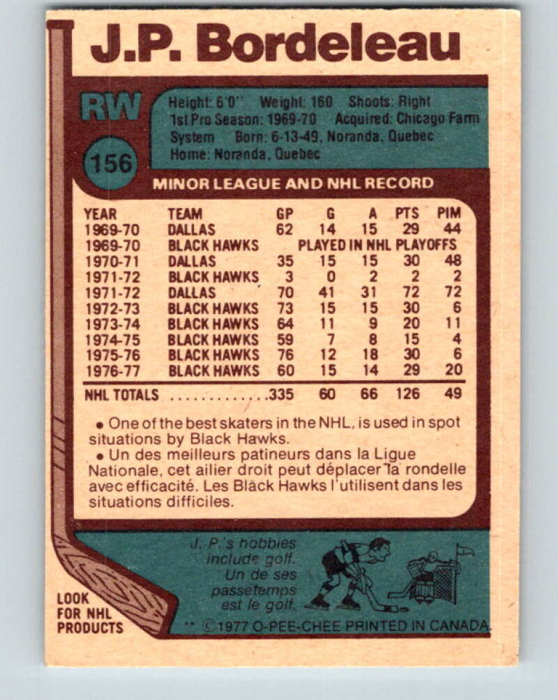 1977-78 O-Pee-Chee #156 J.P. Bordeleau Chicago Blackhawks V13999