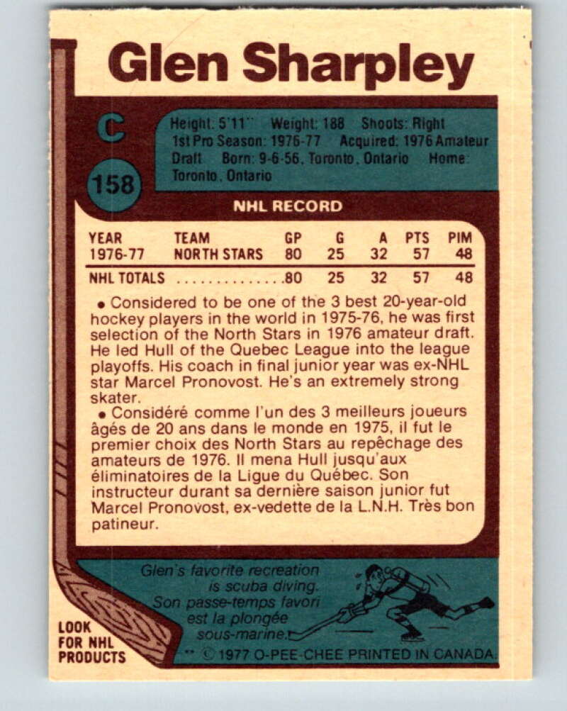 1977-78 O-Pee-Chee #158 Glen Sharpley RC Rookie North Stars V14020