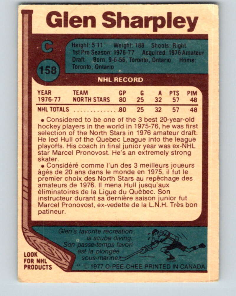 1977-78 O-Pee-Chee #158 Glen Sharpley RC Rookie North Stars V14021