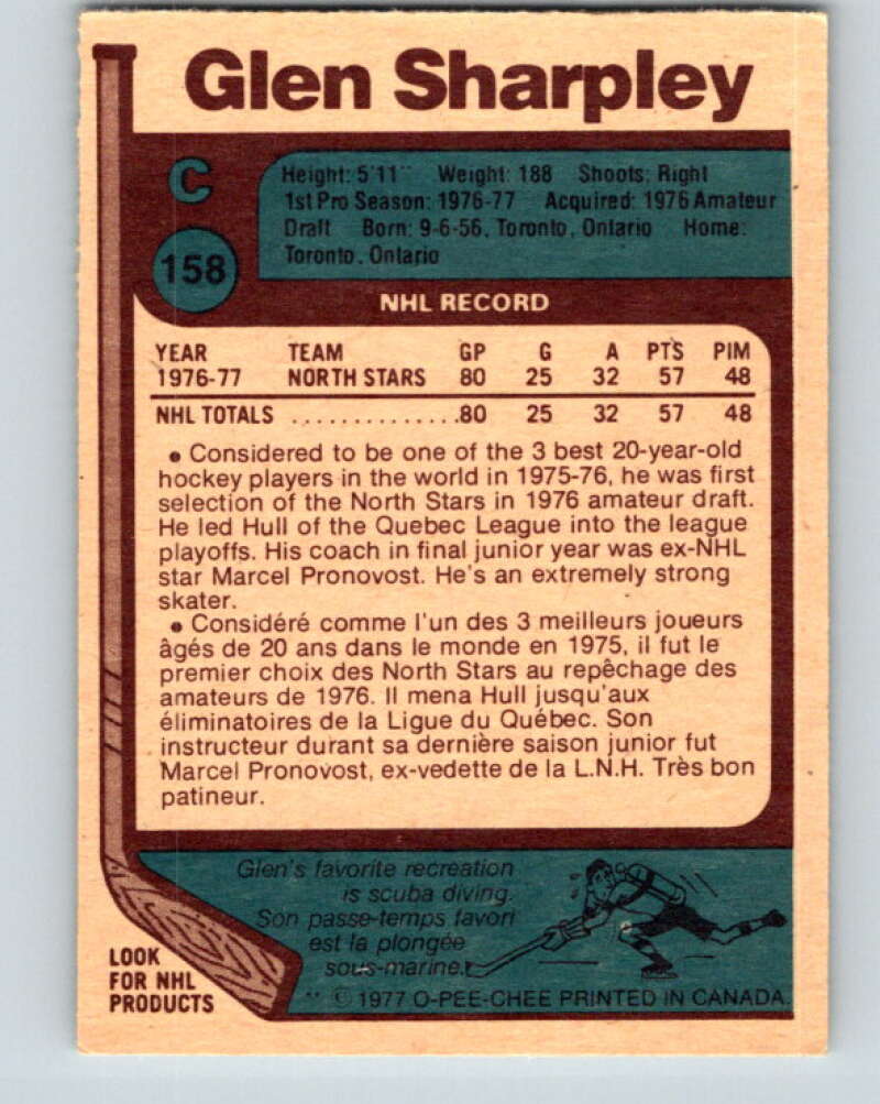 1977-78 O-Pee-Chee #158 Glen Sharpley RC Rookie North Stars V14022