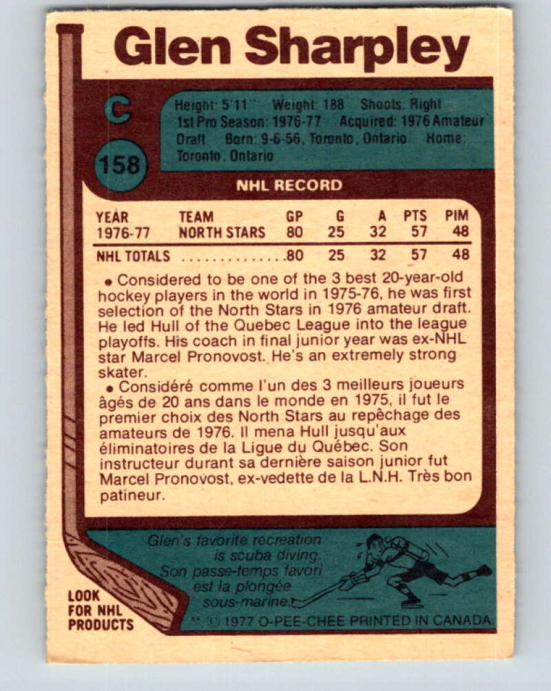 1977-78 O-Pee-Chee #158 Glen Sharpley RC Rookie North Stars V14026