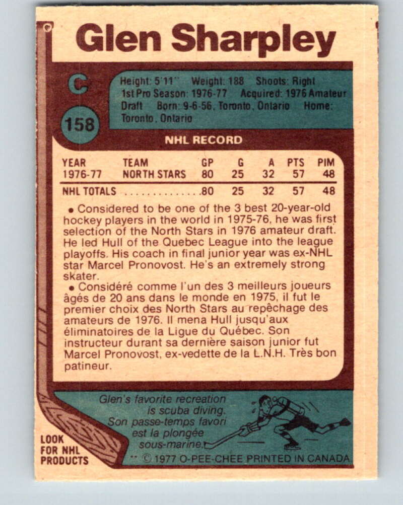 1977-78 O-Pee-Chee #158 Glen Sharpley RC Rookie North Stars V14028