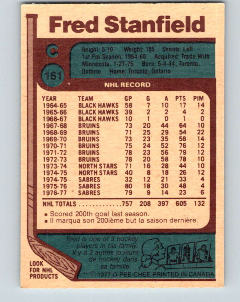 1977-78 O-Pee-Chee #161 Fred Stanfield Buffalo Sabres V14048