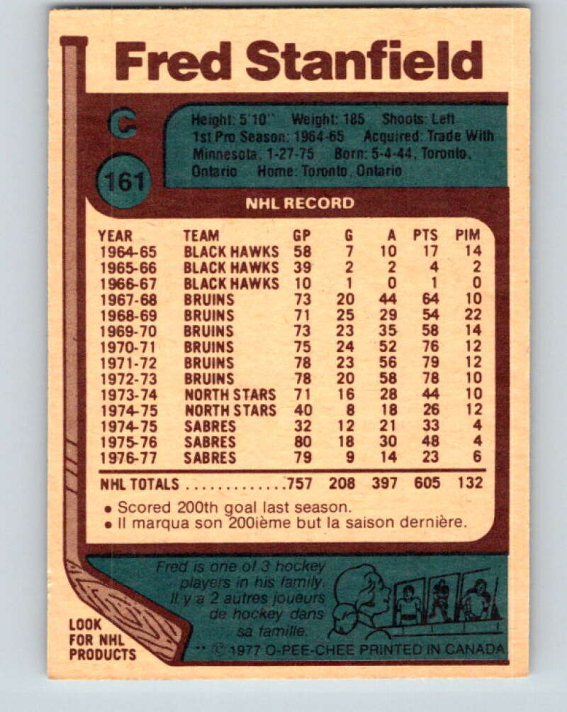 1977-78 O-Pee-Chee #161 Fred Stanfield Buffalo Sabres V14049