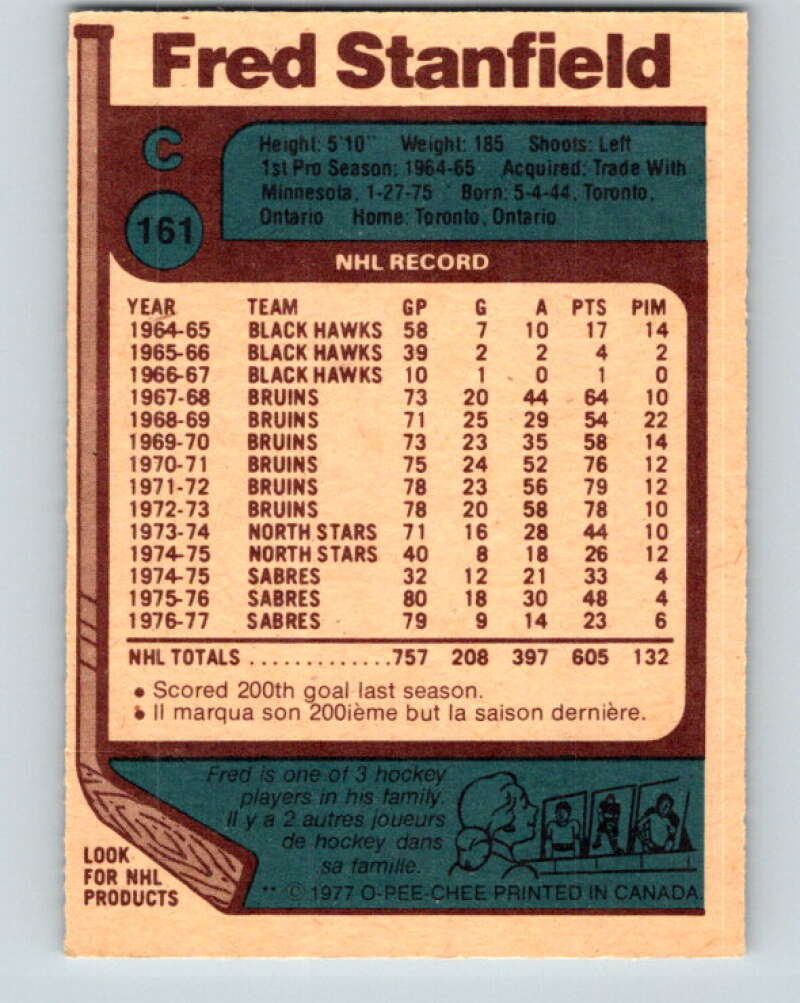 1977-78 O-Pee-Chee #161 Fred Stanfield Buffalo Sabres V14051