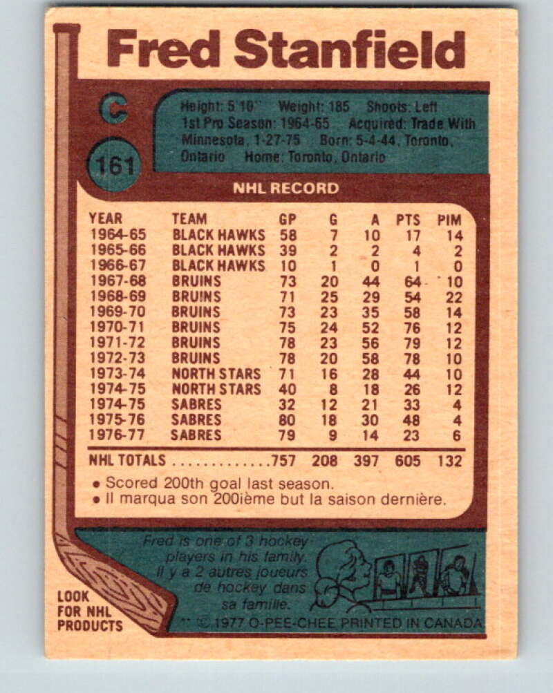 1977-78 O-Pee-Chee #161 Fred Stanfield Buffalo Sabres V14052