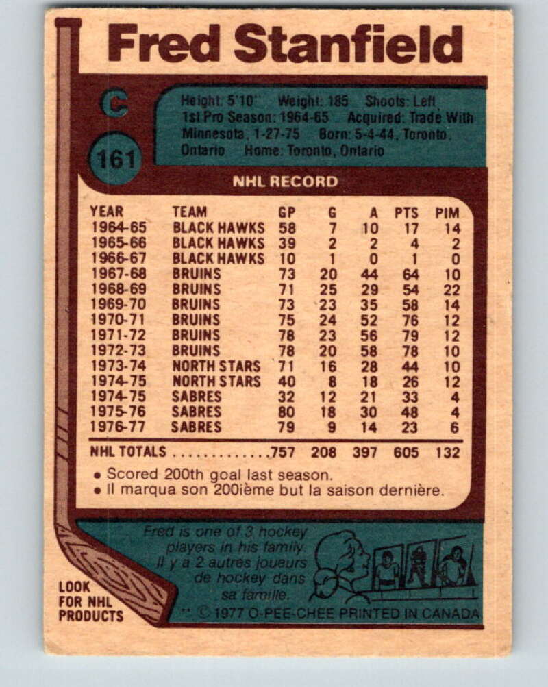 1977-78 O-Pee-Chee #161 Fred Stanfield Buffalo Sabres V14055