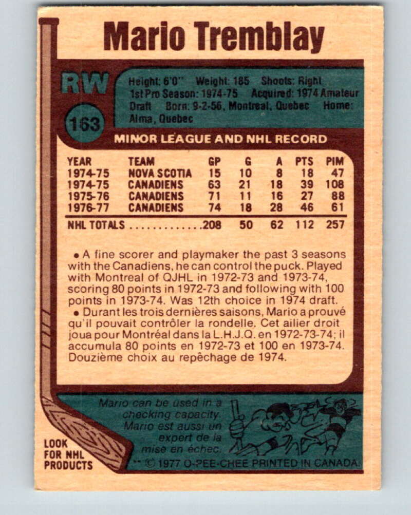 1977-78 O-Pee-Chee #163 Mario Tremblay Montreal Canadiens V14063
