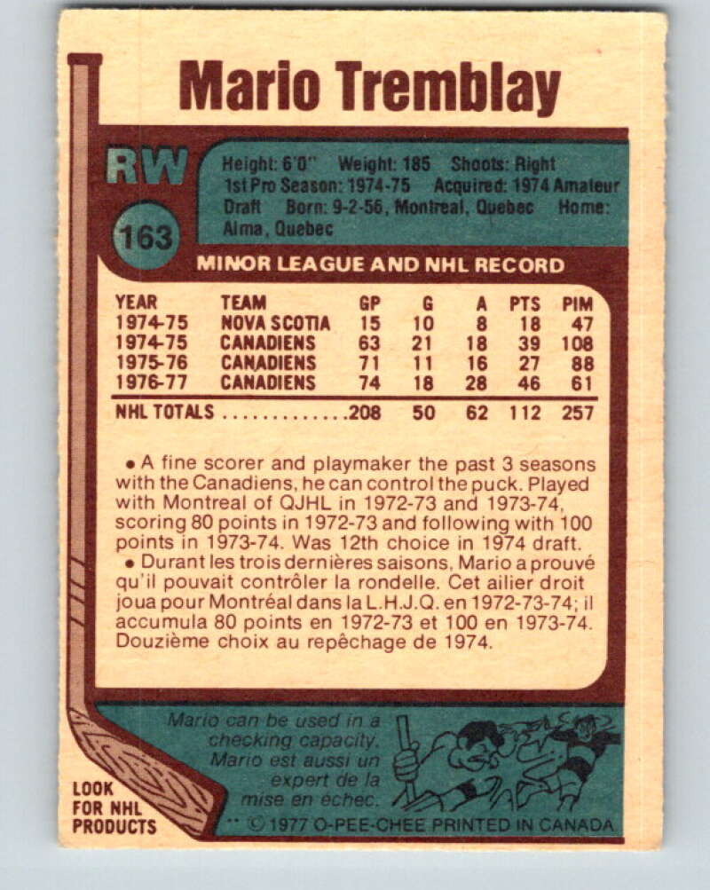1977-78 O-Pee-Chee #163 Mario Tremblay Montreal Canadiens V14066
