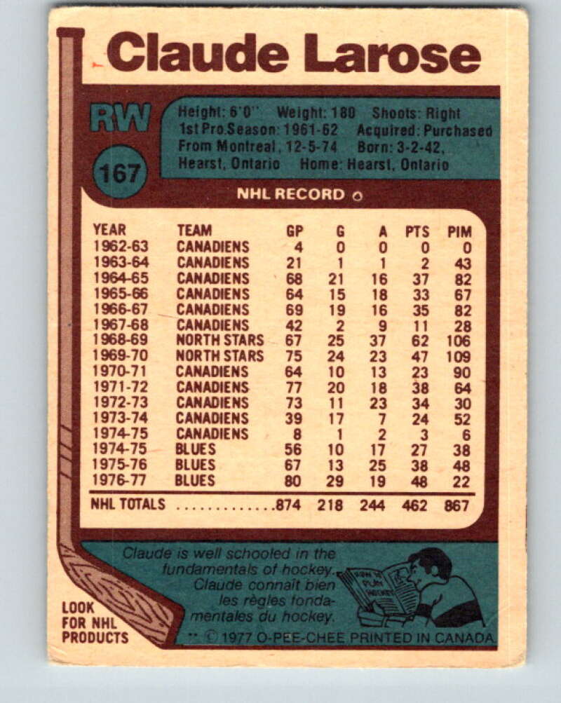 1977-78 O-Pee-Chee #167 Claude Larose St. Louis Blues V14091