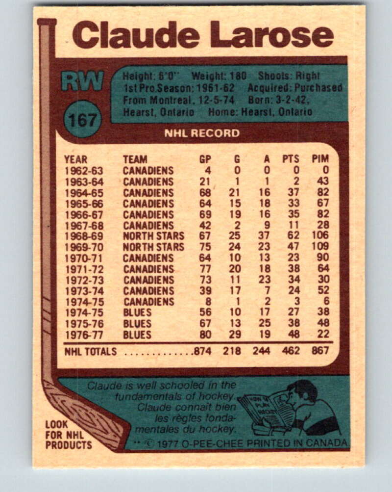 1977-78 O-Pee-Chee #167 Claude Larose St. Louis Blues V14092