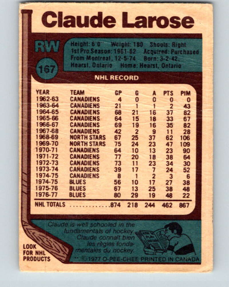 1977-78 O-Pee-Chee #167 Claude Larose St. Louis Blues V14093