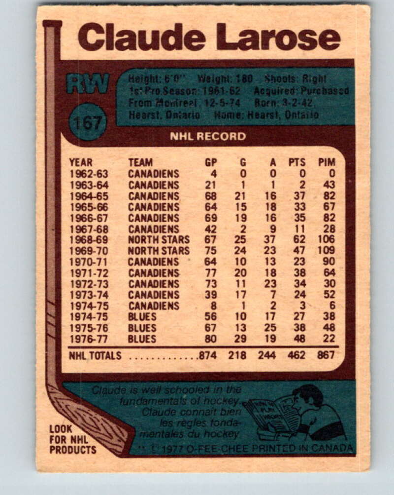 1977-78 O-Pee-Chee #167 Claude Larose St. Louis Blues V14094
