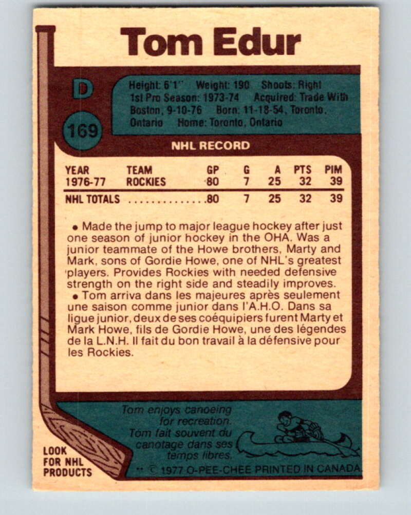 1977-78 O-Pee-Chee #169 Tom Edur RC Rookie Colorado Rockies V14104
