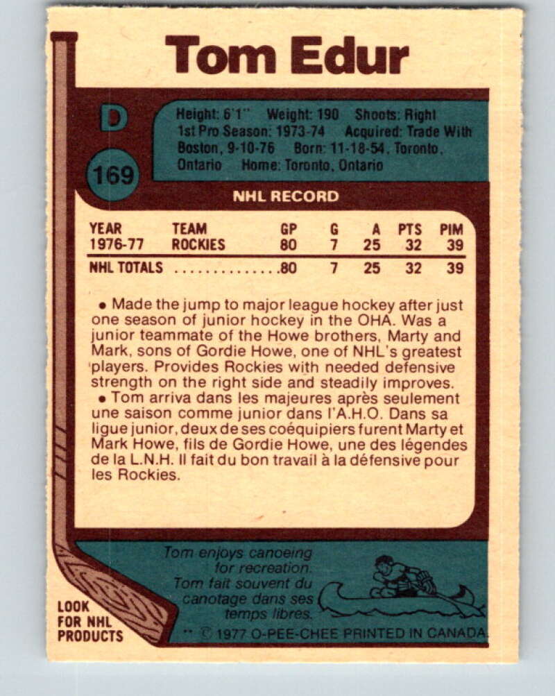 1977-78 O-Pee-Chee #169 Tom Edur RC Rookie Colorado Rockies V14109