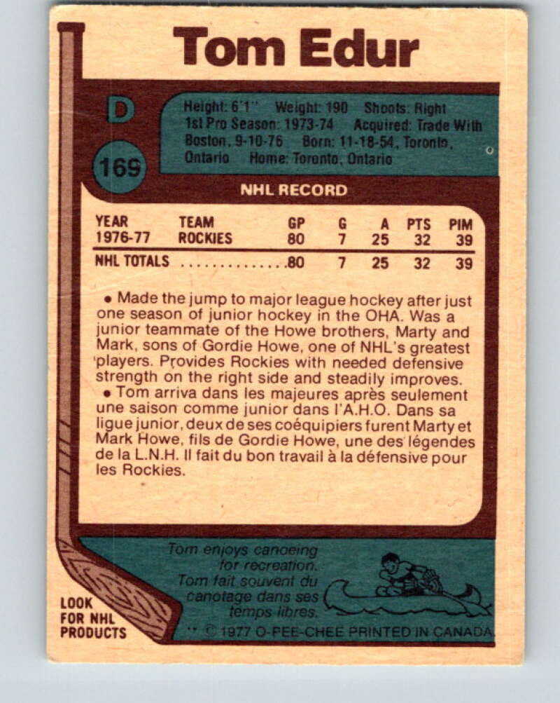 1977-78 O-Pee-Chee #169 Tom Edur RC Rookie Colorado Rockies V14111