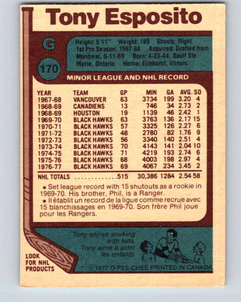 1977-78 O-Pee-Chee #170 Tony Esposito Chicago Blackhawks V14115