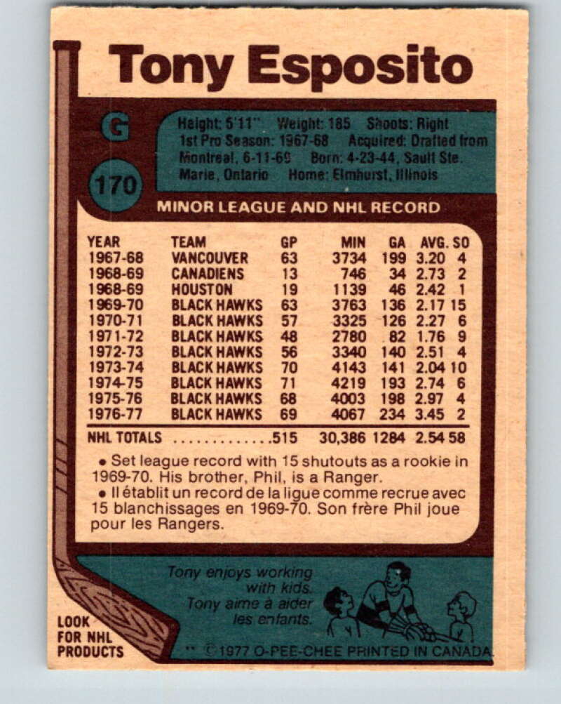 1977-78 O-Pee-Chee #170 Tony Esposito Chicago Blackhawks V14116