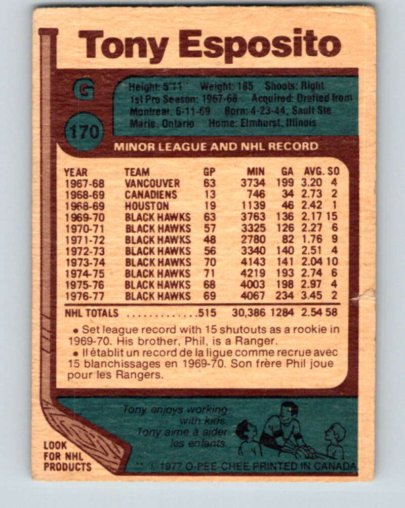 1977-78 O-Pee-Chee #170 Tony Esposito Chicago Blackhawks V14118