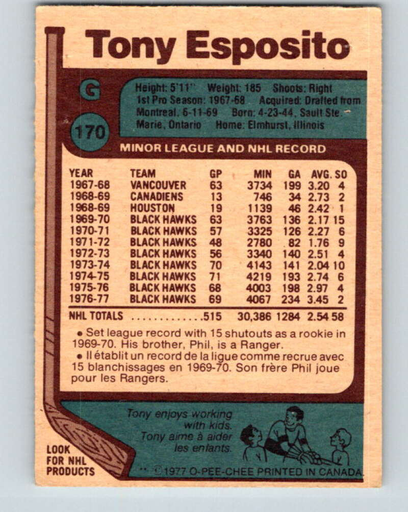 1977-78 O-Pee-Chee #170 Tony Esposito Chicago Blackhawks V14119