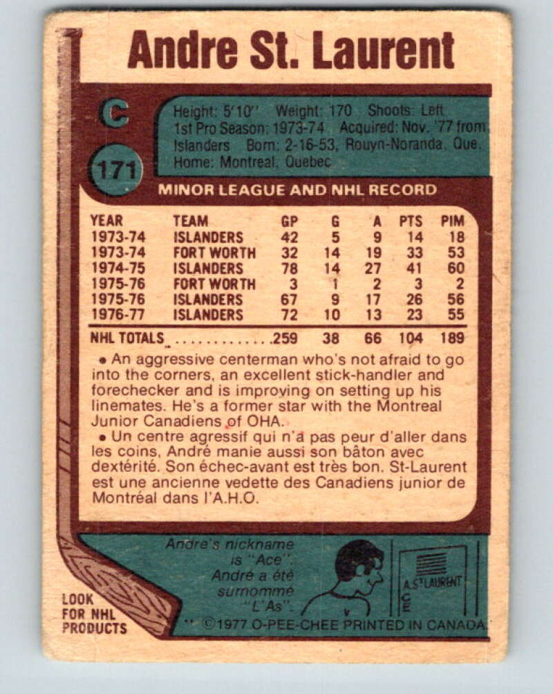 1977-78 O-Pee-Chee #171 Andre St. Laurent Detroit Red Wings V14129