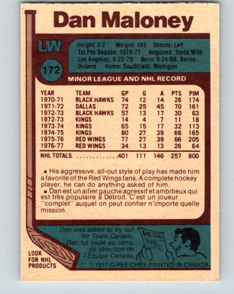 1977-78 O-Pee-Chee #172 Dan Maloney Detroit Red Wings V14130
