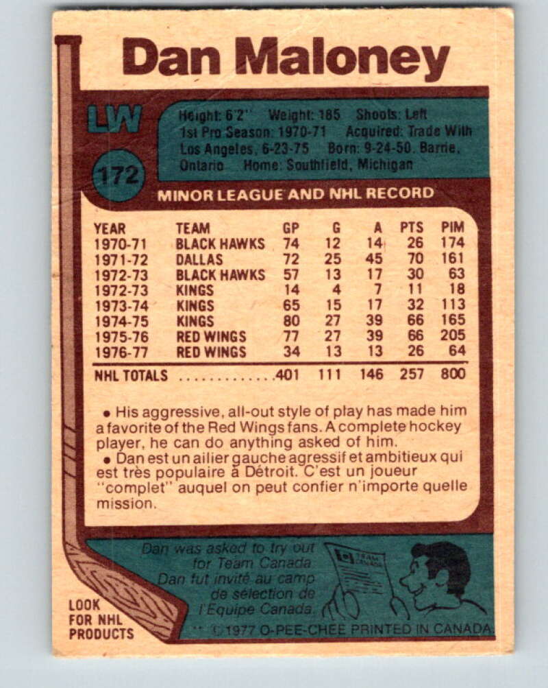 1977-78 O-Pee-Chee #172 Dan Maloney Detroit Red Wings V14132