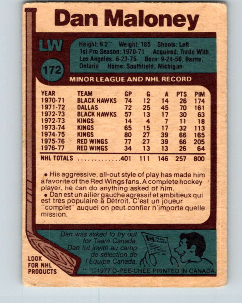 1977-78 O-Pee-Chee #172 Dan Maloney Detroit Red Wings V14138