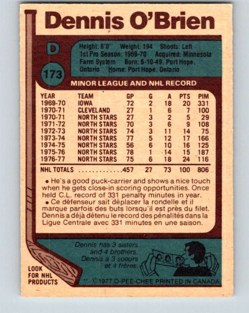 1977-78 O-Pee-Chee #173 Dennis O'Brien Minnesota North Stars V14143