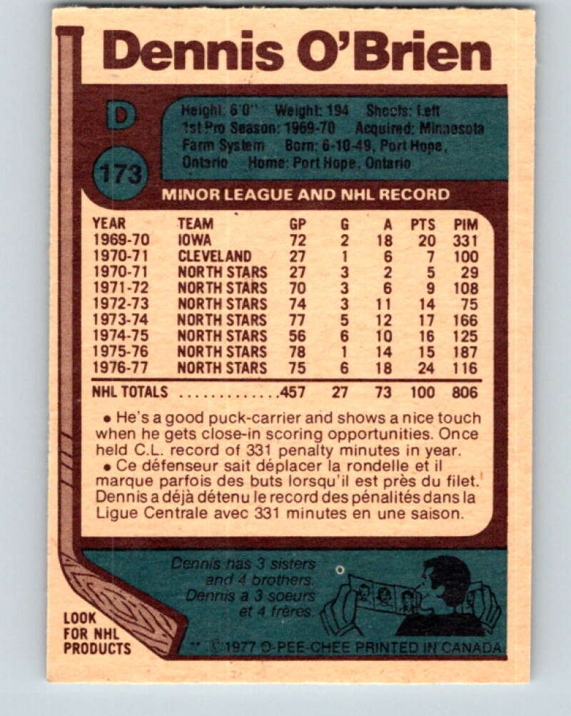 1977-78 O-Pee-Chee #173 Dennis O'Brien Minnesota North Stars V14146