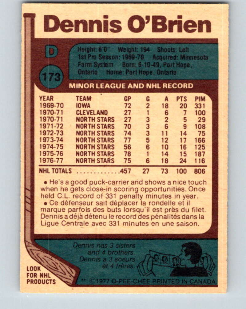 1977-78 O-Pee-Chee #173 Dennis O'Brien Minnesota North Stars V14147