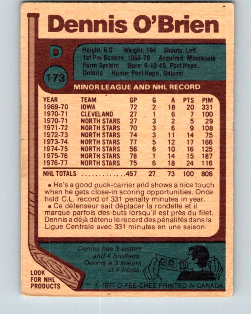 1977-78 O-Pee-Chee #173 Dennis O'Brien Minnesota North Stars V14150