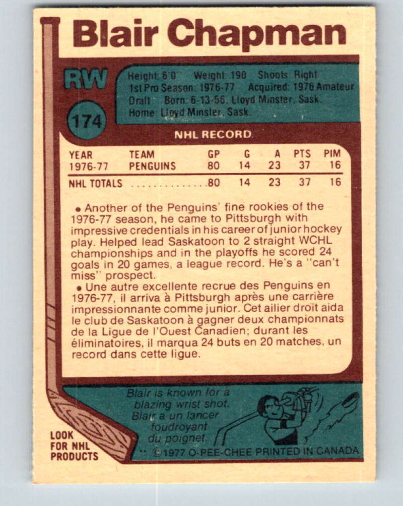 1977-78 O-Pee-Chee #174 Blair Chapman RC Rookie Pittsburgh Penguins V14152