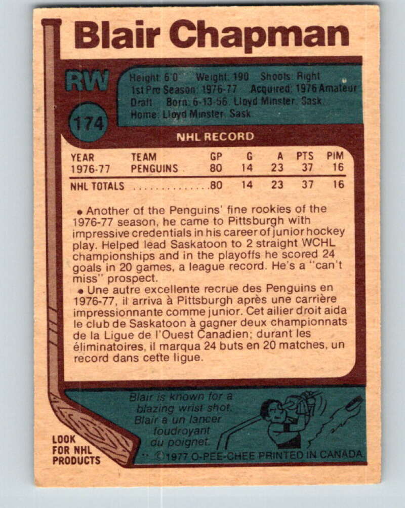 1977-78 O-Pee-Chee #174 Blair Chapman RC Rookie Pittsburgh Penguins V14154