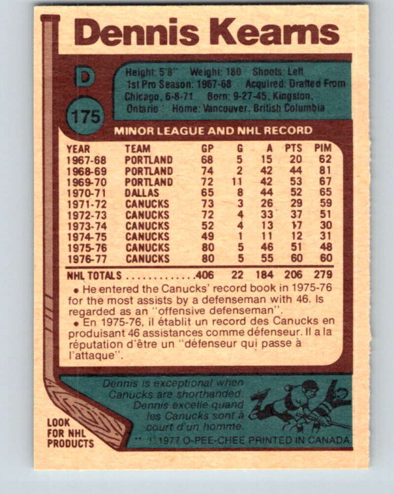 1977-78 O-Pee-Chee #175 Dennis Kearns Vancouver Canucks V14162