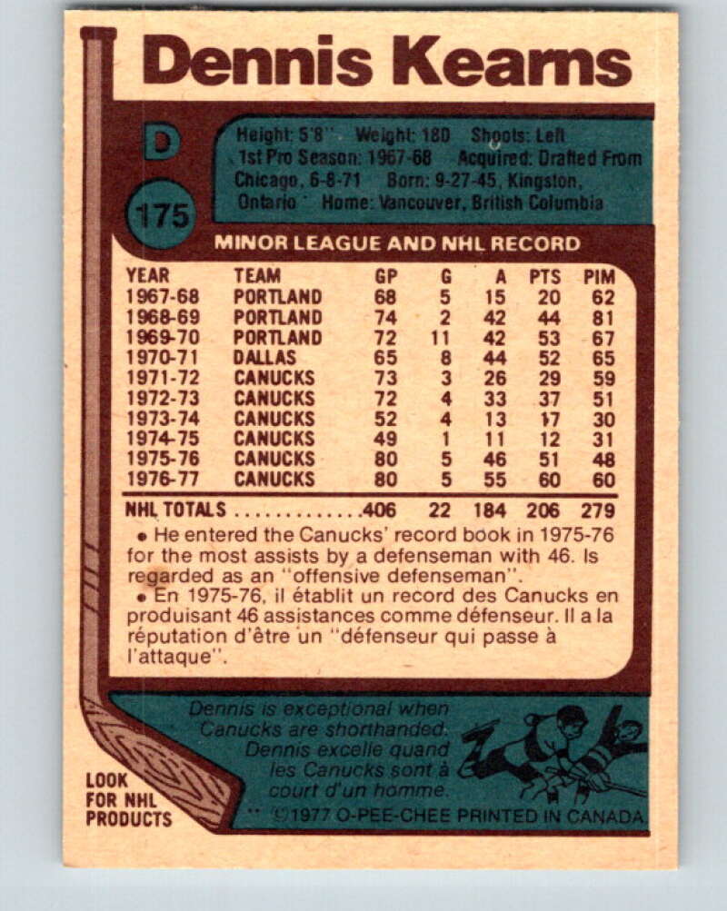 1977-78 O-Pee-Chee #175 Dennis Kearns Vancouver Canucks V14164