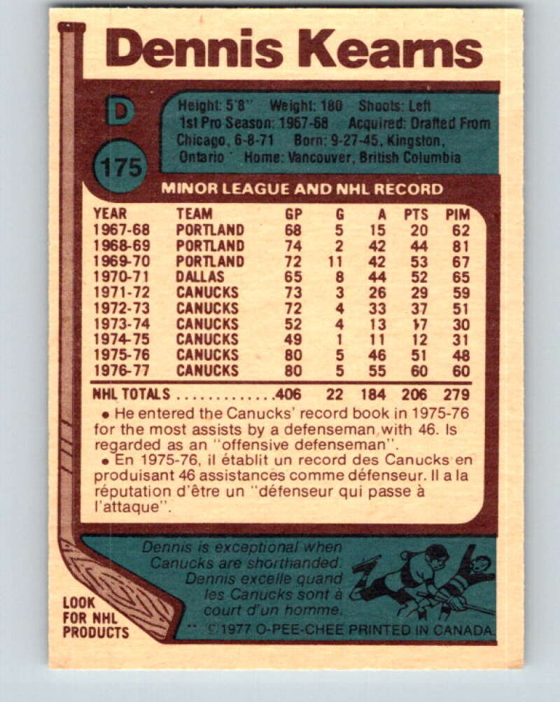 1977-78 O-Pee-Chee #175 Dennis Kearns Vancouver Canucks V14165