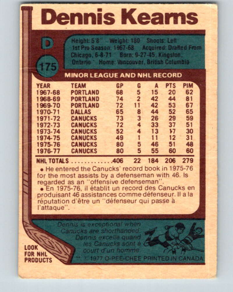 1977-78 O-Pee-Chee #175 Dennis Kearns Vancouver Canucks V14166