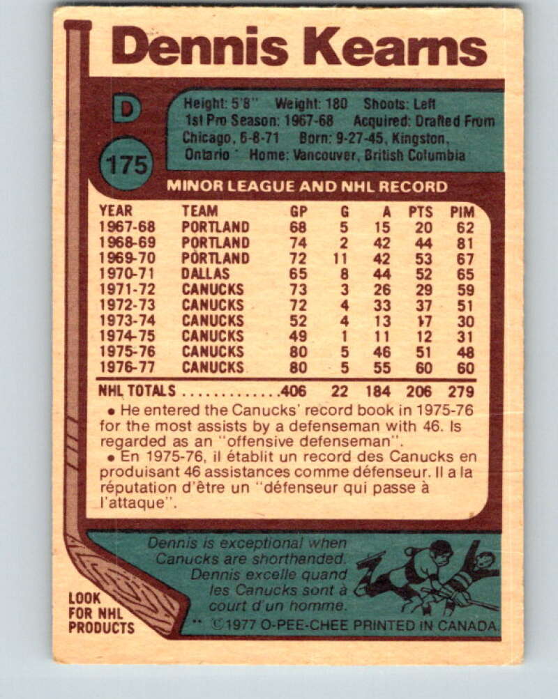 1977-78 O-Pee-Chee #175 Dennis Kearns Vancouver Canucks V14167