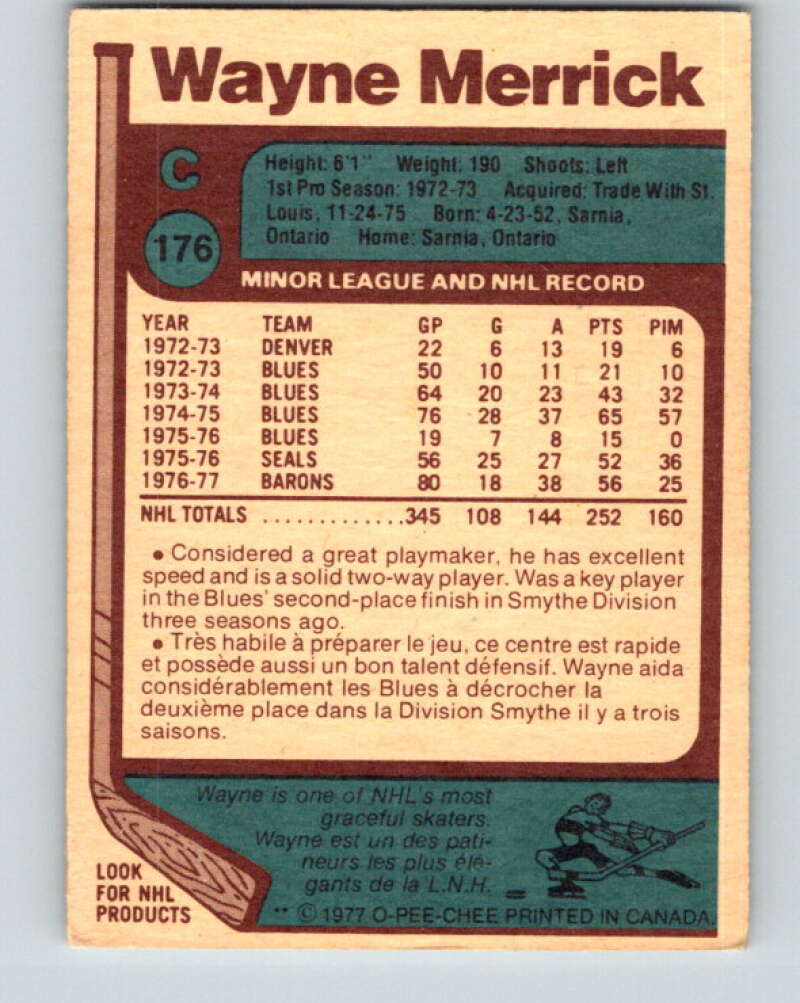 1977-78 O-Pee-Chee #176 Wayne Merrick Cleveland Barons V14174