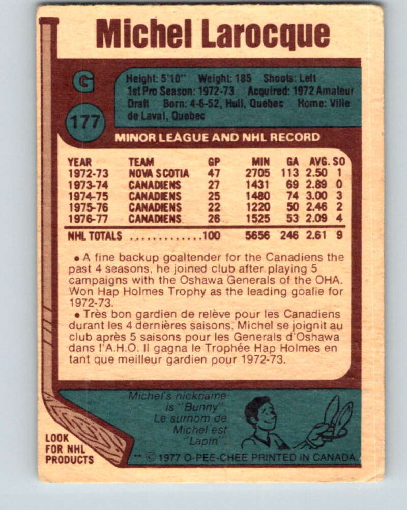 1977-78 O-Pee-Chee #177 Michel Larocque Montreal Canadiens V14179