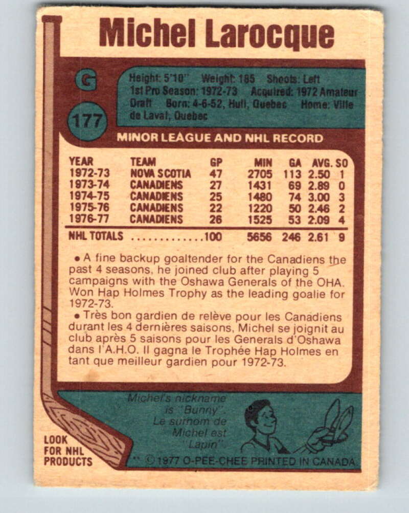 1977-78 O-Pee-Chee #177 Michel Larocque Montreal Canadiens V14180